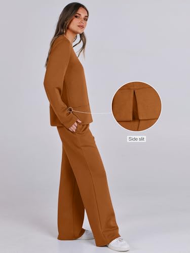 Women 2 Piece Sweatsuit Long Sleeve Crewneck Sweatshirts Wide Leg Sweatpants Lounge Set G54526