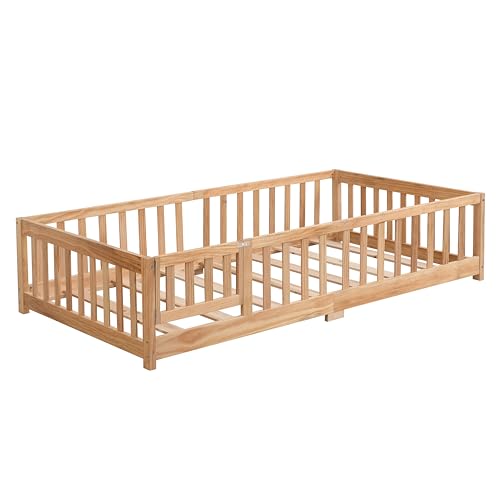 Gray Solid Wood Twin Size Floor Bed with Rails and Slats N23920