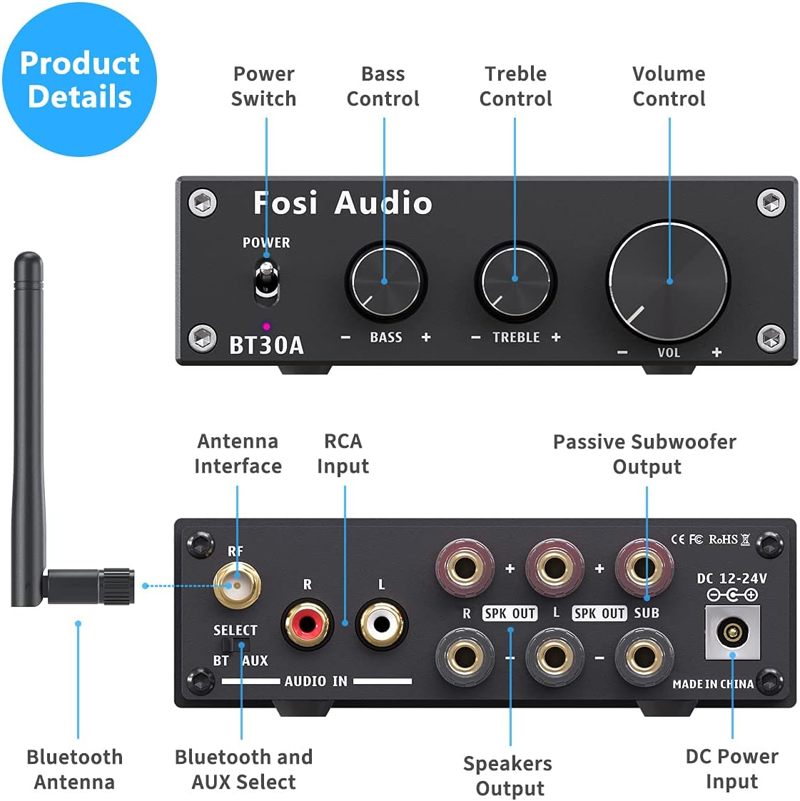 Bluetooth 5.0 Stereo Audio Amplifier 2.1 Channel Class D Mini Hi-Fi Integrated Digital Amp with Bass and Treble Control 50Watt x2+100Watt for Home Passive Speakers Subwoofer Pack of 2 E4313