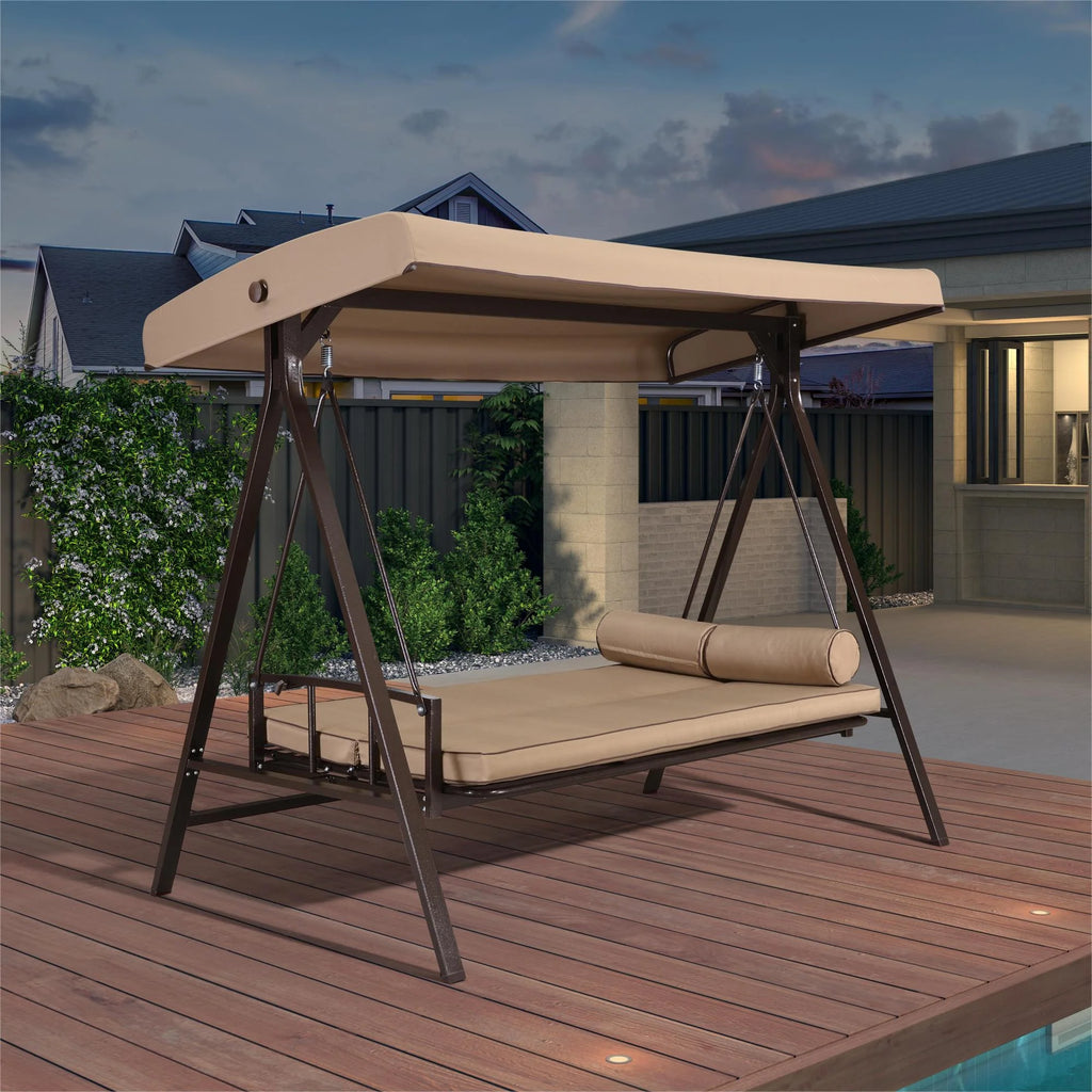 3-Seat Outdoor Swing Chair with Weather Resistant Steel Frame, Beige J1452
