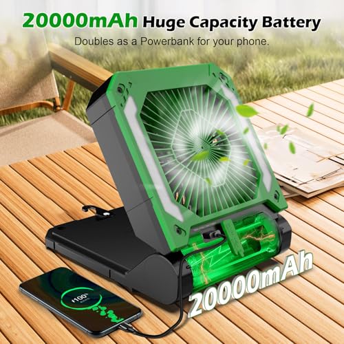 20000mAh Solar Powered Hangable Camping Fan with LED Lantern, 3 Speeds Rechargeable Quiet Battery Operated Fan with Timing & PowerBank K8355