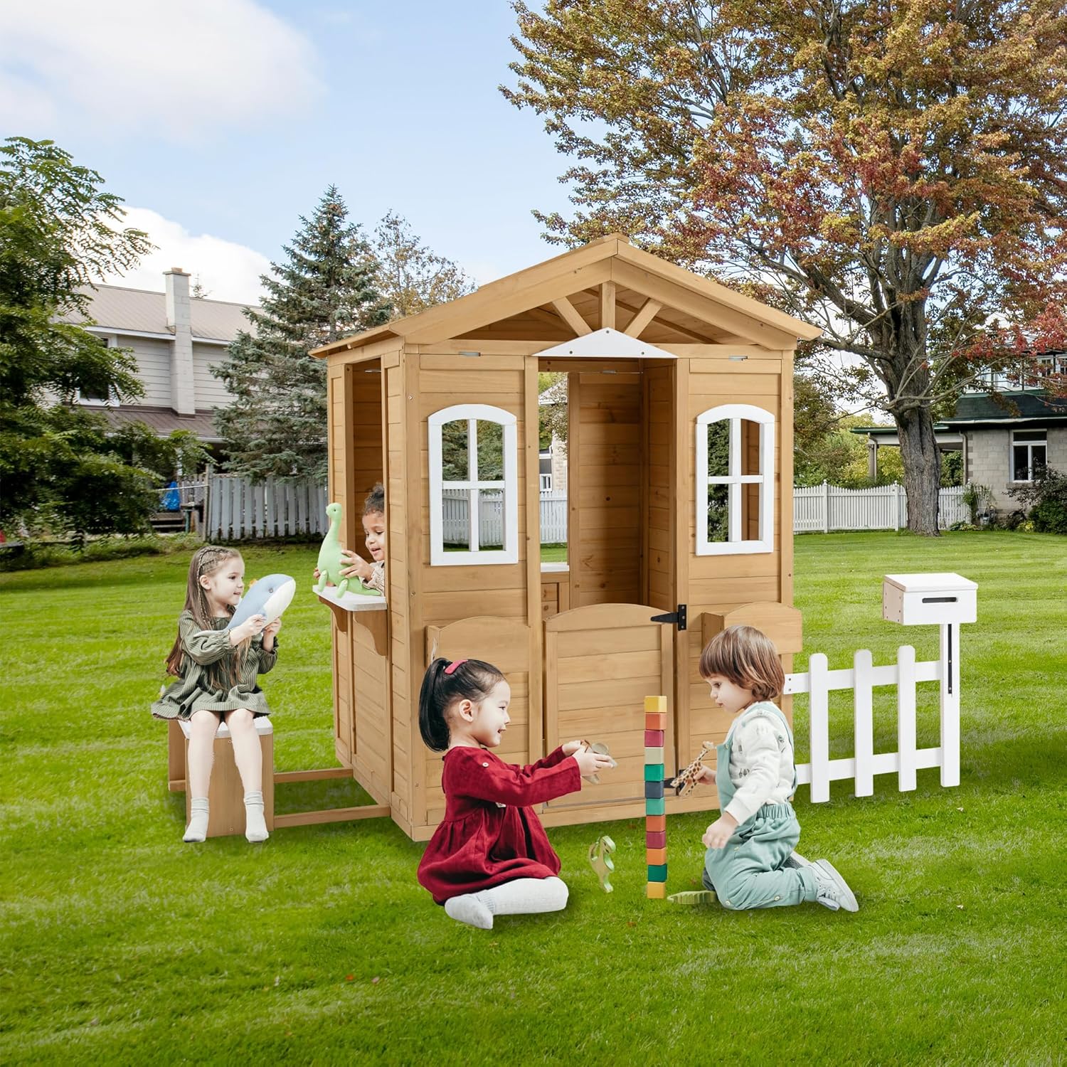 Natural Wooden Playhouse with Working Door, Windows, Mailbox, Bench, Flowers Pot Holder J857