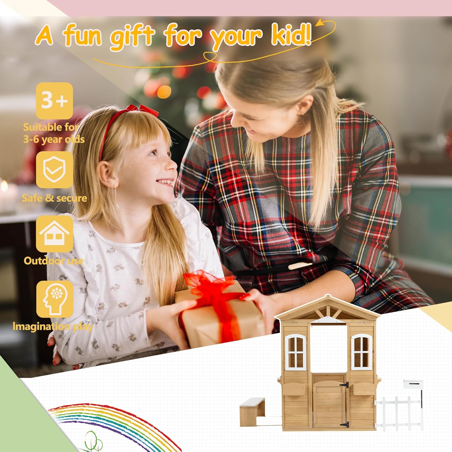 Natural Wooden Playhouse with Working Door, Windows, Mailbox, Bench, Flowers Pot Holder J857