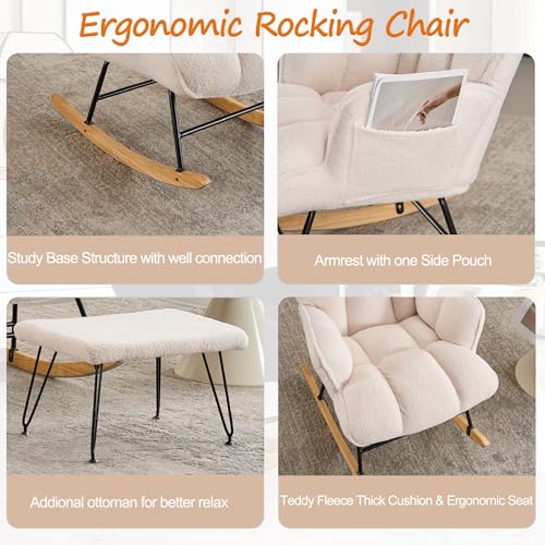 White Teddy Upholstered Glider Rocker with Ottoman E398802