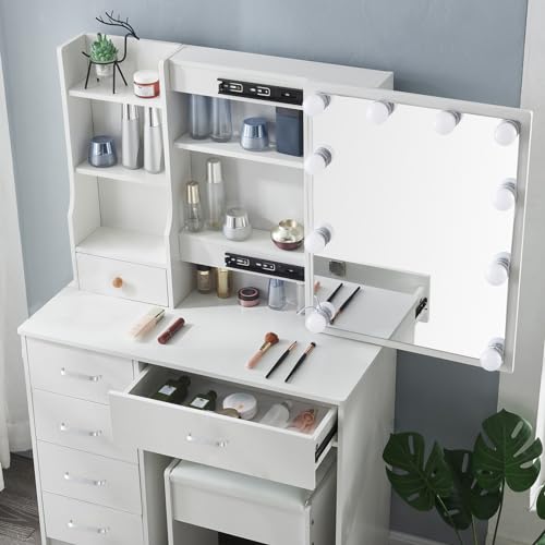 Makeup Vanity Desk with Lighted Mirror, 6 Drawers, and Upholstered Stool O819