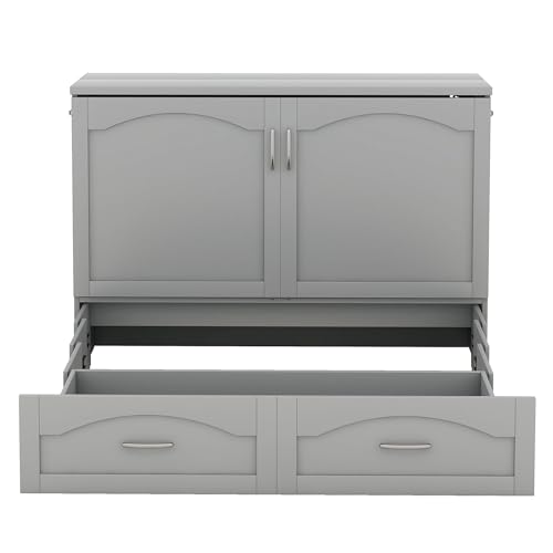 White Solid Wood Queen Size Murphy Bed with Storage and Bookcase Headboard L8840