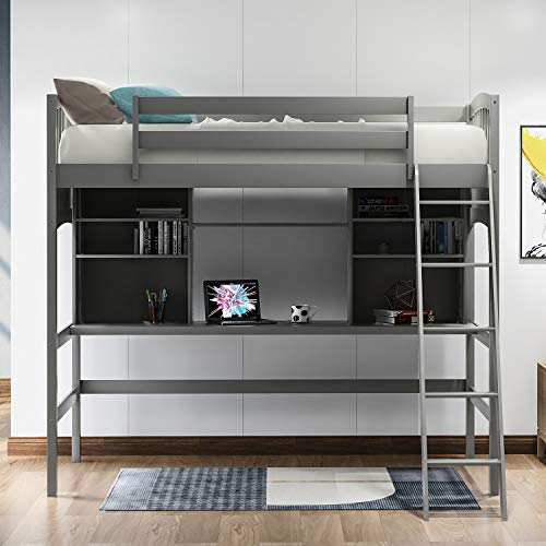Full Size Solid Wood Loft Bed with Wardrobe and Desk K355457